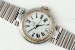 DUNHILL QUARTZ WRISTWATCH, circular white dial with roman numeral hour markers, date aperture at 6