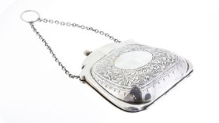 Antique silver chatelaine purse, marked with a Birmingham assay office. Measures 12cm x 11cm wide. W