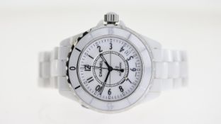 CHANEL J12 CERAMIC AUTOMATIC REFERENCE H0970 WITH BOX AND PAPERS, white dial with Arabic numerals,
