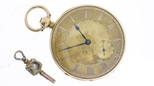 18CT VINTAGE VERGE HALF HUNTER POCKET WATCH, circular champagne gilt dial with roman numeral hour