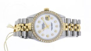 ROLEX DATEJUST 36 STEEL AND GOLD DIAMONDS 16013 CIRCA 1978, circular aftermarket mother of pearl