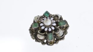 Antique sterling silver austro hungarian emerald and pearl brooch . Set in silver measures 2.5cm wid