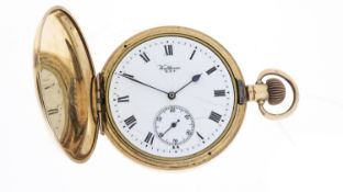 VINTAGE FULL HUNTER WALTHAM POCKET WATCH GOLD CAPPED, circular white dial with roman numeral hour