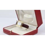 18CT CARTIER PARIS MECHANICAL WRISTWATCH WITH BOX, white rectangular dial with roman numeral hour