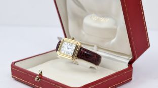 18CT CARTIER PARIS MECHANICAL WRISTWATCH WITH BOX, white rectangular dial with roman numeral hour