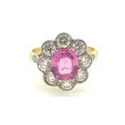 18YG oval faceted pink sapphire and diamond cluster ring (2 small dia at shoulders) PS 1.60 D1.25