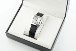 DUNHILL WRISTWATCH W/ BOX, square silver dial with hour markers and hands, 28mm stainless steel case