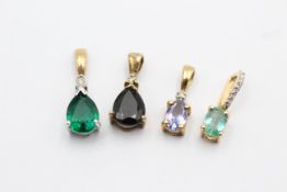 4 X 9ct Gold Gemstone Pendants Inc. Tanzanite, Synthethic Emerald & Blue Gemstone (3.2g)