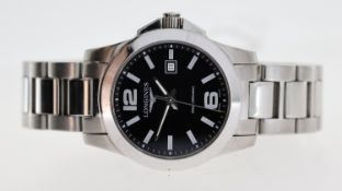 LONGINES CONQUEST REF L3.277.4, approx 30mm black dial, baton hour markers, date aperture at 3 o'