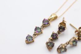 9ct Gold Mystic Topaz & Diamond Hearts Drop Pendant Necklace And Earrings Set (2.7g)