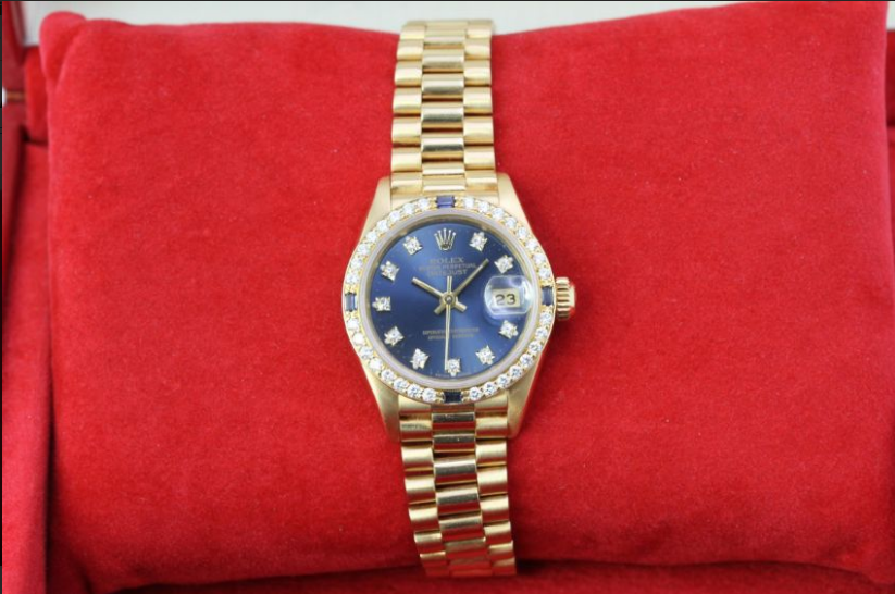 18CT LADIES ROLEX DATEJUST SAPPHIRE AND DIAMOND SET REFERENCE 69088 WITH BOX, circular sunburst blue