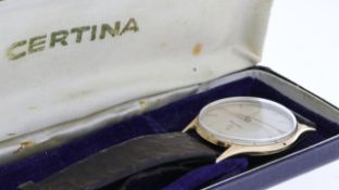 9CT CERTINA MECHANICAL WRISTWATCH W/BOX, approx 33mm champagne dial, baton hour markers, 9ct bezel &