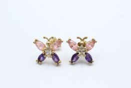 9ct Gold Amethyst & Clear Gemstones Butterfly Stud Earrings (1.8g)