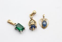 3 X 9ct Gold Gemstone & Diamond Set Pendants Inc. Sapphire & Synthethic Emerald (2.4g)