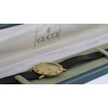 GUCCI WATCH REF 0328300 W/BOX, approx 32mm dial, gold plated bezel engraved with Roman Numeral