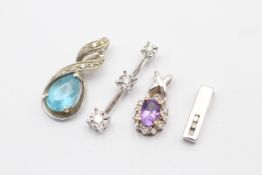 4 X 9ct White Gold Gemstone Set Pendants Inc. Topaz, Amethyst & Diamond (4g)