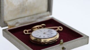18CT POCKET WATCH WITH PIN, white dial with roman