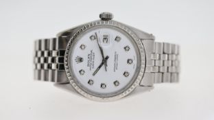 VINTAGE ROLEX DATEJUST 1603 CIRCA 1969, circular aftermarket white dial with diamond hour markers,