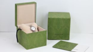 GUCCI LADIES WATCH REF 141.5 W/BOX, approx 22mm mother of pearl dial, square hour markers, stainless