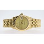 18CT ROLEX OYSTER PERPETUAL DATE REFERENCE 68278, circular champagne dial with baton hour markers,