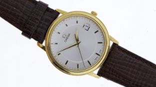 18CT OMEGA QUARTZ WATCH REFERENCE 1961050, circular silver dial with baton hour markers, date