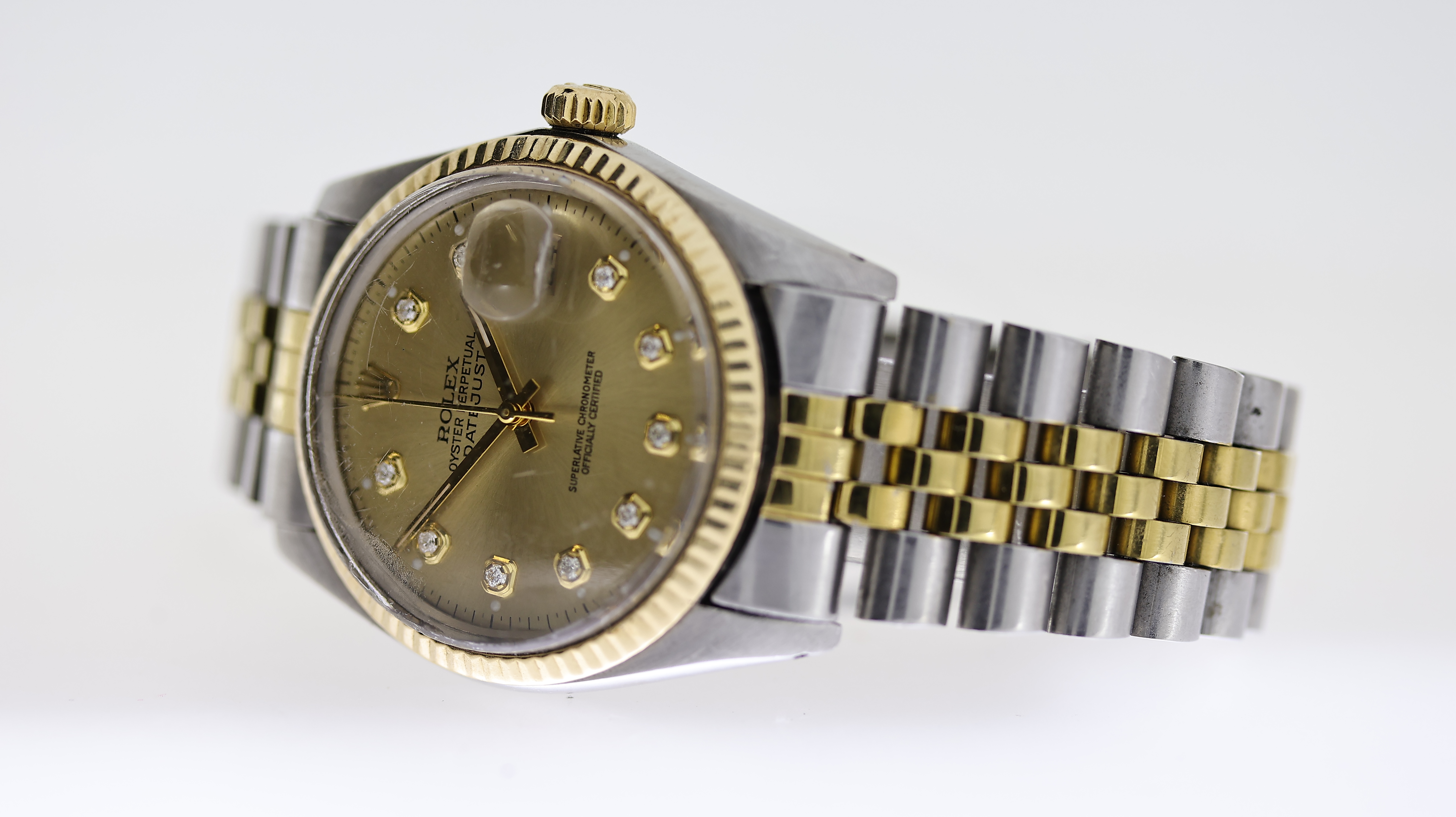 ROLEX DATEJUST STEEL AND GOLD DIAMOND DOT REF 16013 CIRCA 1981, circular champagne dial with diamond - Image 2 of 4