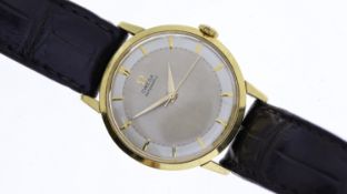 18CT OMEGA SEAMASTER AUTOMATIC REFERENCE 2897 CIRCA 1958, circular silver dial with baton hour