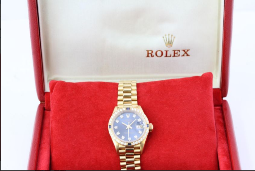 18CT LADIES ROLEX DATEJUST SAPPHIRE AND DIAMOND SET REFERENCE 69088 WITH BOX, circular sunburst blue - Image 2 of 2