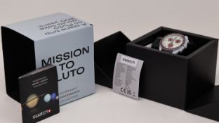 OMEGA MOONSWATCH SPEEDMASTER MISSION TO PLUTO WITH BOX, grey blue case, burgundy detail and strap