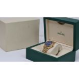 RARE 18CT ROLEX OYSTERQUARTZ DAY-DATE REFERENCE 19018 WITH BOX, blue dial with gold hour markers,