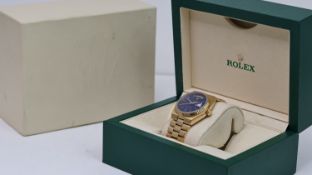 RARE 18CT ROLEX OYSTERQUARTZ DAY-DATE REFERENCE 19018 WITH BOX, blue dial with gold hour markers,