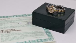 LADIES ROLEX DATEJUST 26 STEEL & GOLD W/BOX, approx 24mm circular champagne dial with baton hour