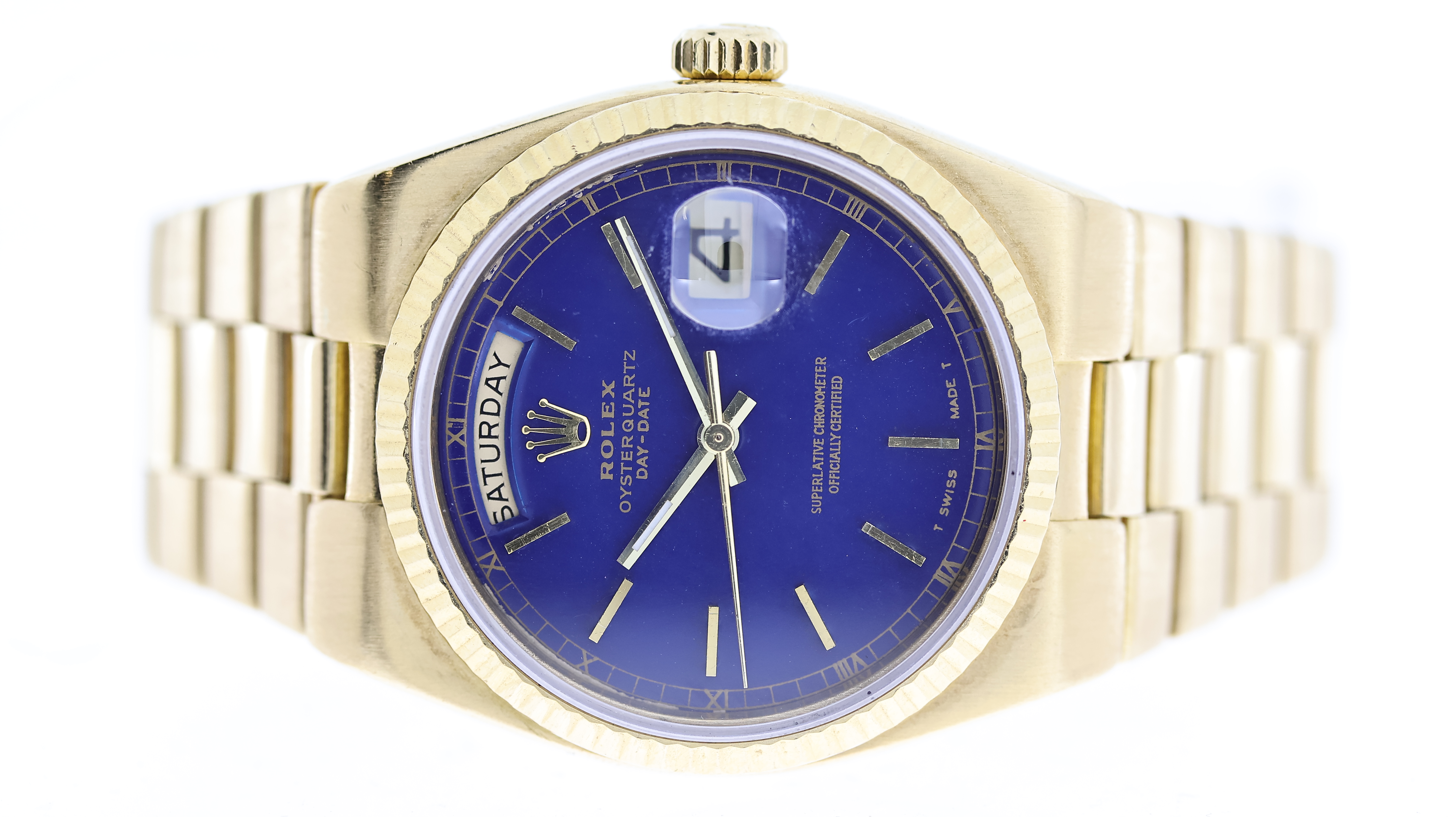 RARE 18CT ROLEX OYSTERQUARTZ DAY-DATE REFERENCE 19018 WITH BOX, blue dial with gold hour markers, - Image 2 of 12