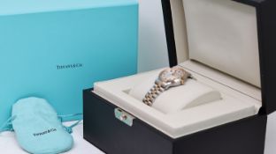 18CT TIFFANY & CO. NEW YORK AUTOMATIC REF 1NI050429 W/BOX, approx 32mm patterned dial, Arabic hour