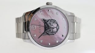 GUCCI CATFACE REF 126.4, approx 37mm mother of pearl dial, charm-style hour markers, stainless steel