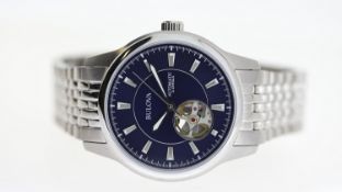 BULOVA REF 96A189, approx 39mm blue dial with 'open heart' effect, baton hour markers, stainless