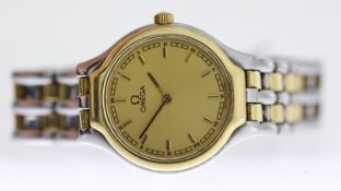 LADIES OMEGA QUARTZ WRISTWATCH, circular champagne dial with baton hour markers, approx 23mm steel