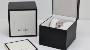 GUCCI PUDDY TAT REF 126.5, approx 26mm mother of pearl dial, charm-style hour markers, stainless