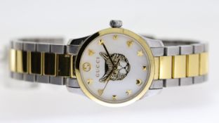GUCCI MEOW REF 126.5, approx 26mm mother of pearl dial, charm-style hour markers, gold plated bezel,