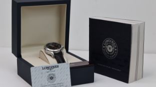 LONGINES CONQUEST REF L3.687.4 W/BOX, approx 38mm black dial with baton & Arabic hour markers,