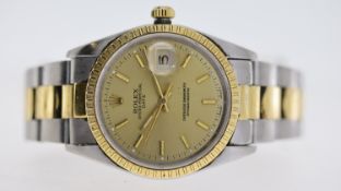 ROLEX OYSTER PERPETUAL DATE REFERENCE 15223, champagne dial, baton hour markers, engine turned