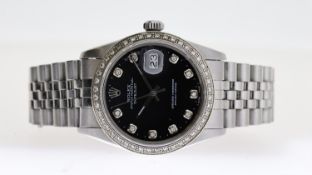 ROLEX OYSTER PERPETUAL DATEJUST REFERENCE 16030, black diamond dot dial with diamond set beel (