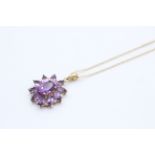 9ct gold amethyst & diamond cluster pendant necklace (2.6g)