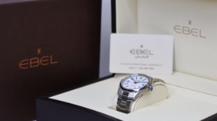 EBEL DISCOVERY REF E233 W/BOX, approx 40mm white dial with baton & Arabic hour markers, date