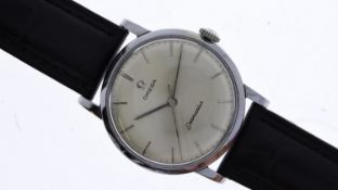 VINTAGE OMEGA SEAMASTER, silver dial, bato hour markers, 32mm steel case, manual wind, black leather
