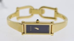 LADIES GUCCI REF 1500L , rectangular black dial, stainless steel gold plated bangle watch, quartz