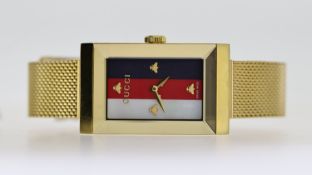 GUCCI BUMBLE BEE REF 147.4, striped rectangular dial, bumble bee hour markers, 21mm gold plated