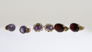 3 X 9ct Gold Vintage Stud Earrings Set With Amethyst, Garnet, Iolite (3g)
