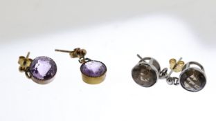2x 9ct Gold Paired Solitaire Drop Stud Earrings Inc. Smoky Quartz And Amethyst (4.3g)