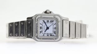 CARTIER SANTOS AUTOMATIC WRISTWATCH, square white dial with roman numeral hour markers, blued hands,